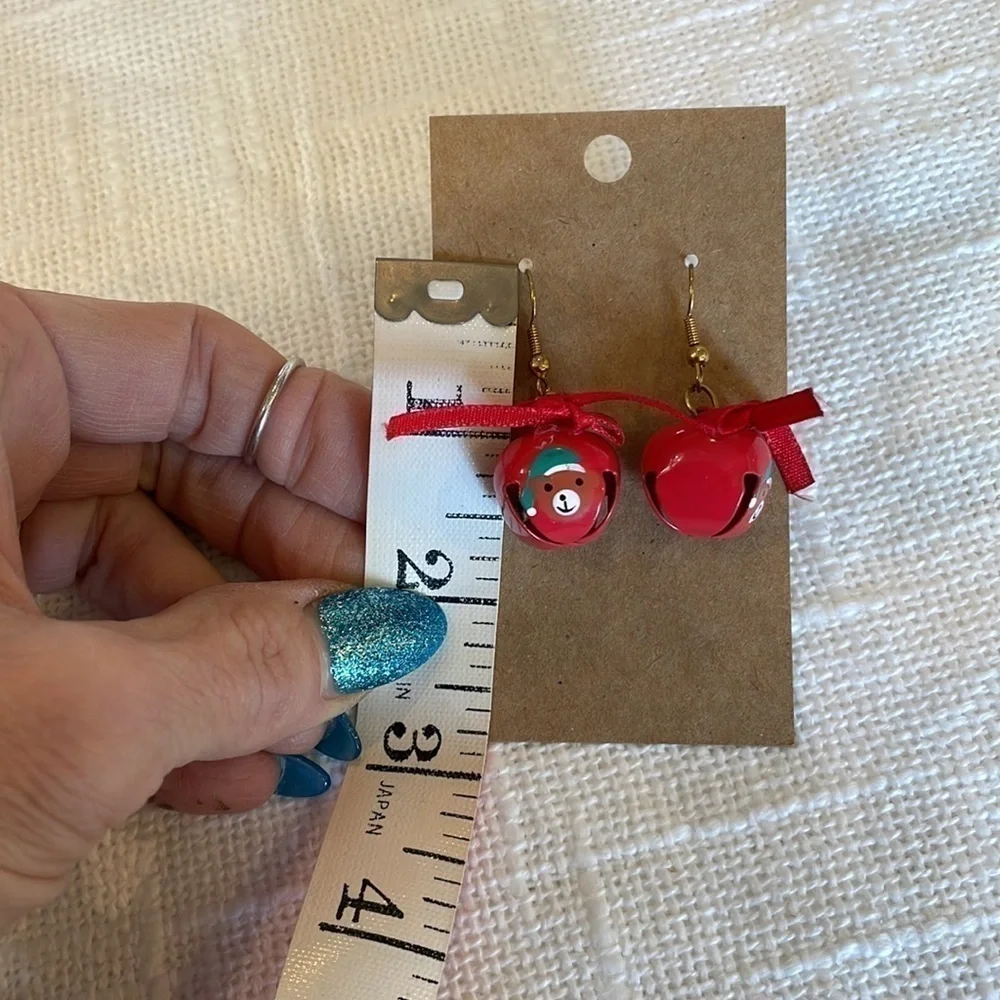 💐5/25 Christmas bear red bow jingle bells earrings holiday novelty